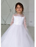 Long Sleeve White Lace Tulle Buttons Back Flower Girl Dress